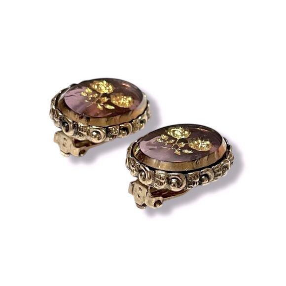 Vintage Whiting & Davis Floral Intaglio Clip Earrings - Picture 5 of 8